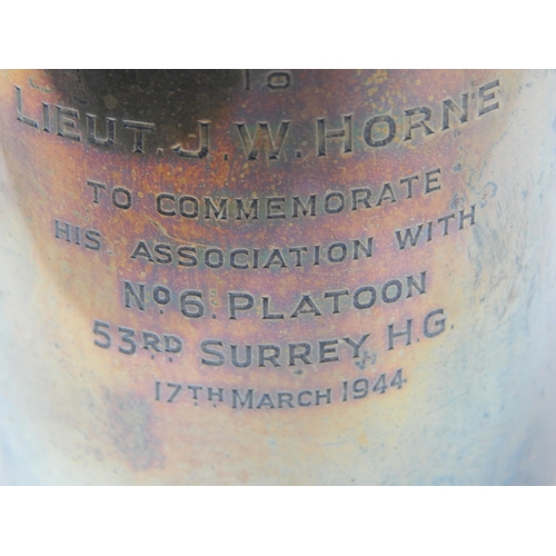 358 - WWII Home Guard Heavy Silver Tankard Presented to Lt J. W Horne No 6 Platoon, 53rd Surrey: Dated 17t... 