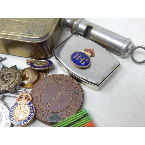 363 - WWI Queen Mary 1914 Christmas Tin containing various Badges, Brooches, Medals etc