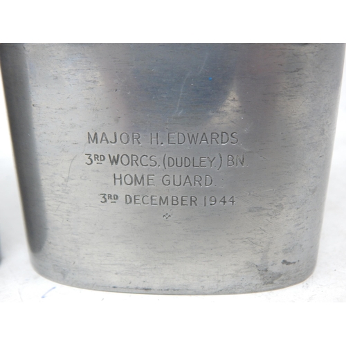 376 - A Rare Pair of WWII Home Guard Presentation Hip Flasks to Major H. Edwards & 2nd Lieutenant A. Berri... 