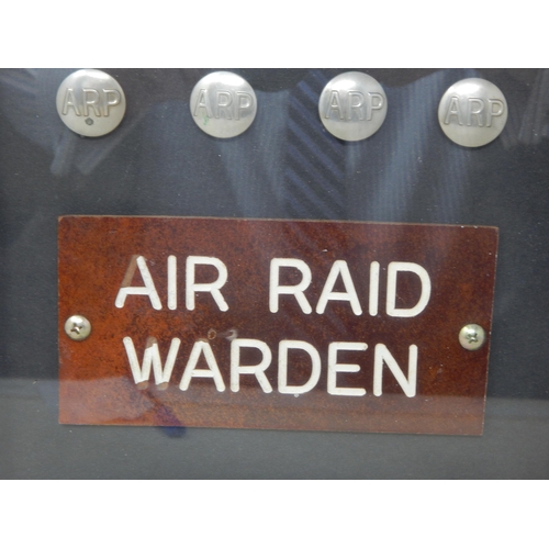 381 - WWII Framed Collection relating to Air Raid Warden Including 3 x Silver ARP Badges, Buttons & Door P... 