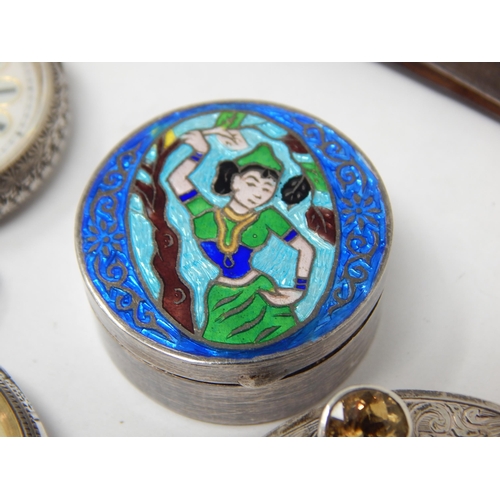 149 - A Silver & Enamel Pill Box together with 3 Silver Watches, Large Silver Celtic Stone Set Brooch etc