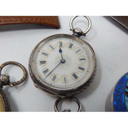 149 - A Silver & Enamel Pill Box together with 3 Silver Watches, Large Silver Celtic Stone Set Brooch etc