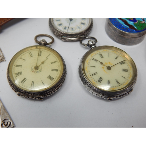 149 - A Silver & Enamel Pill Box together with 3 Silver Watches, Large Silver Celtic Stone Set Brooch etc