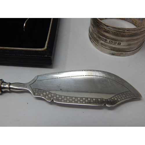 150 - Hallmarked Georgian Silver Butter Knife, Silver Napkin Rings & a Silver Babies Pusher Set in origina... 