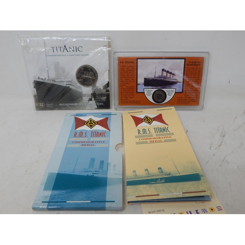 77 - R.M.S Titanic: 5 x Silver Commemorative Medals together with a Royal Mint Centenary £5 Coin in Pack ... 