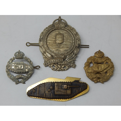 86 - A WWI Mine Clearance Service Badge, WWI British Tank Corps Officers Cap Badge & two Further Tank Bad... 