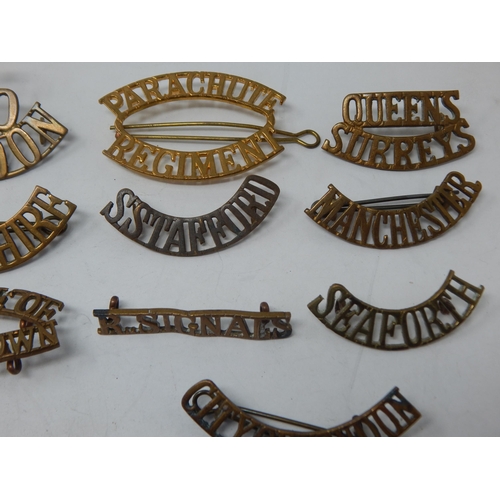 118 - Military Brass Shoulder Titles: T-20 London, Duke of Wellington, London Scottish, T-14 London, Devon... 