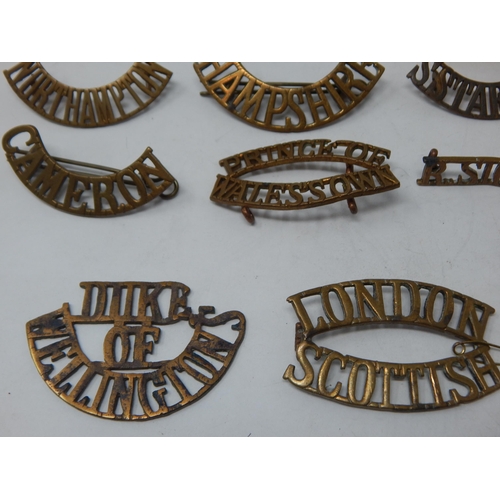 118 - Military Brass Shoulder Titles: T-20 London, Duke of Wellington, London Scottish, T-14 London, Devon... 