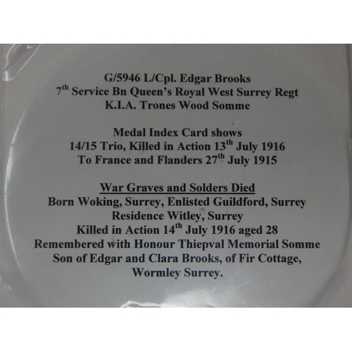 125 - WWI Death Plaque Awarded & Named to: G/5946 L/CPL. EDGAR BROOKS. BATTALION QUEEN'S ROYAL WEST SURREY... 