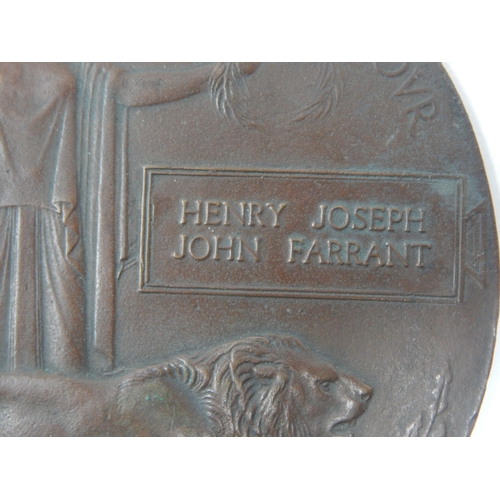 126 - WWI Death Plaque Awarded & Named to: 254446. HENRY JOSEPH JOHN FARRANT. LONDON REGIMENT (ROYAL FUSIL... 