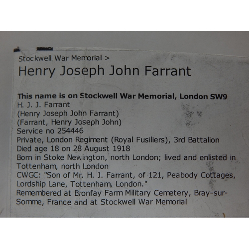 126 - WWI Death Plaque Awarded & Named to: 254446. HENRY JOSEPH JOHN FARRANT. LONDON REGIMENT (ROYAL FUSIL... 