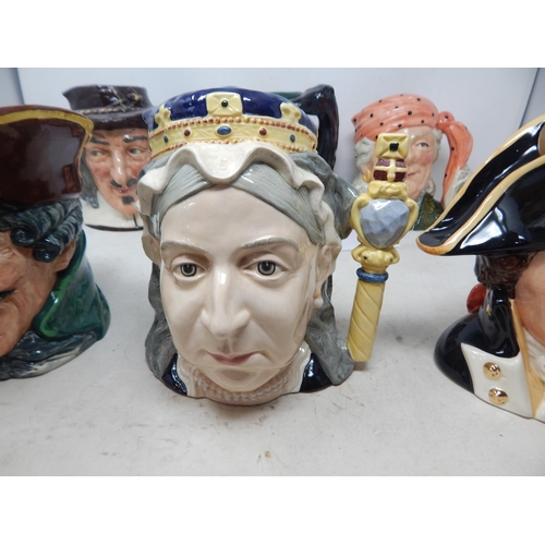 436 - Royal Doulton: 6 x Large Character Jugs: Queen Victoria, Dick Turpin, Dick Turpin with Mask, Captain... 