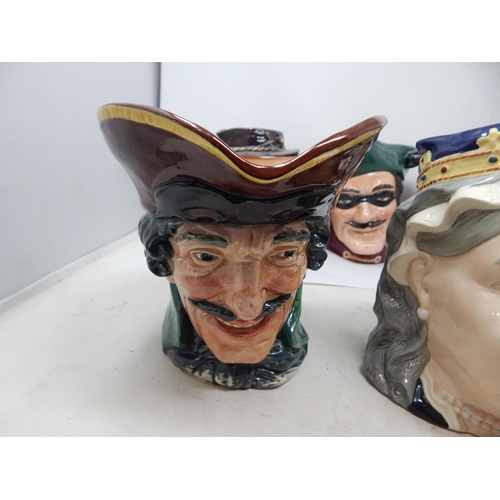 436 - Royal Doulton: 6 x Large Character Jugs: Queen Victoria, Dick Turpin, Dick Turpin with Mask, Captain... 