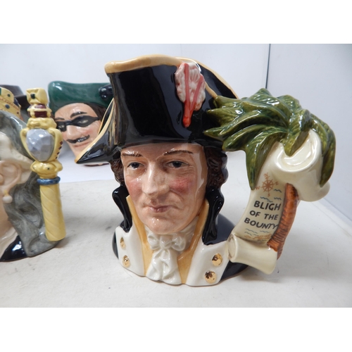 436 - Royal Doulton: 6 x Large Character Jugs: Queen Victoria, Dick Turpin, Dick Turpin with Mask, Captain... 