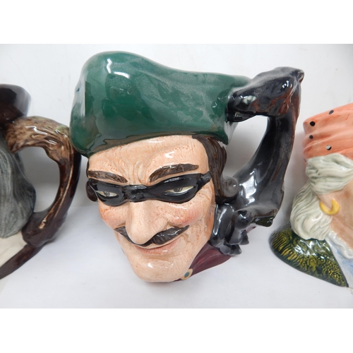 436 - Royal Doulton: 6 x Large Character Jugs: Queen Victoria, Dick Turpin, Dick Turpin with Mask, Captain... 