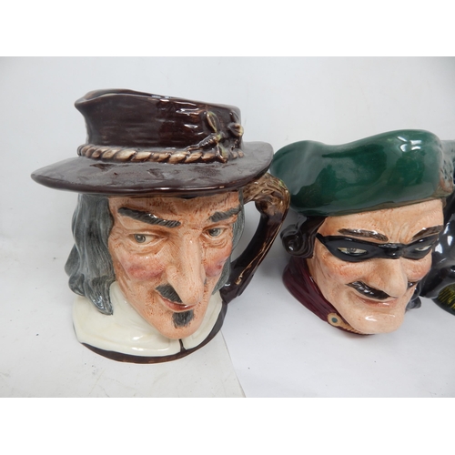 436 - Royal Doulton: 6 x Large Character Jugs: Queen Victoria, Dick Turpin, Dick Turpin with Mask, Captain... 