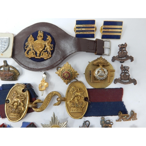 148 - Various Military Shoulder badges, Cap Badges, Artillery Belt Buckle