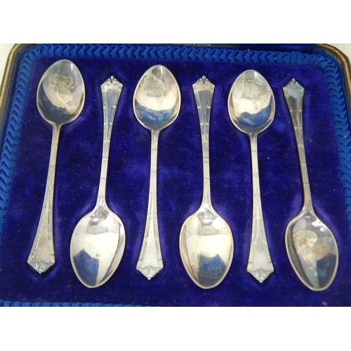 10 - Cased set of hallmarked Silver vintage spoons weight 70g; Silver Handle shoe horn, various silver ha... 