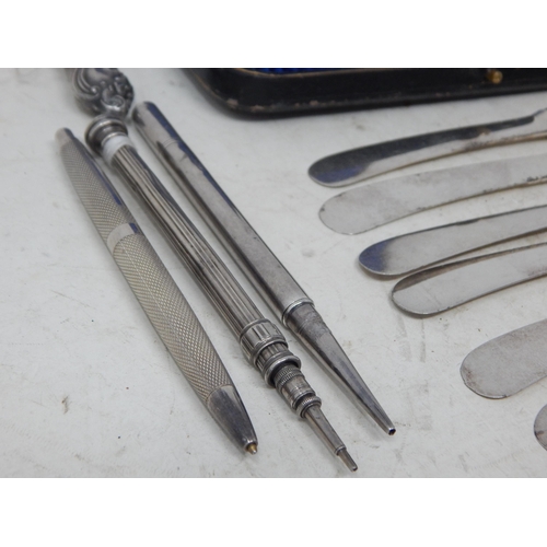 10 - Cased set of hallmarked Silver vintage spoons weight 70g; Silver Handle shoe horn, various silver ha... 