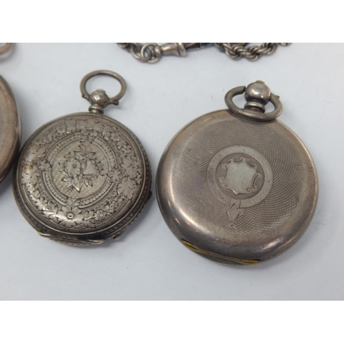 17 - Collection of 4 x Sterling Silver pocket watches and a Silver chain weight 17.86g (lot)