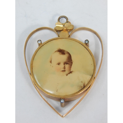 54 - Antique 18ct Gold large double sided heart shaped pendant locket set with seed pearls & shamrock fin... 