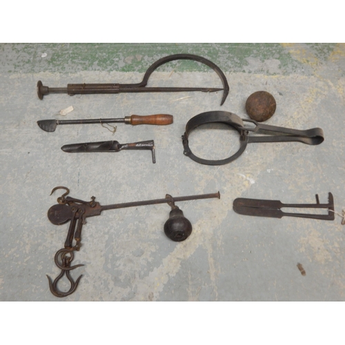 472 - 19th Century Shepherds Tail Docking Iron, Various Traps, Beam Scales, Cannon Ball etc