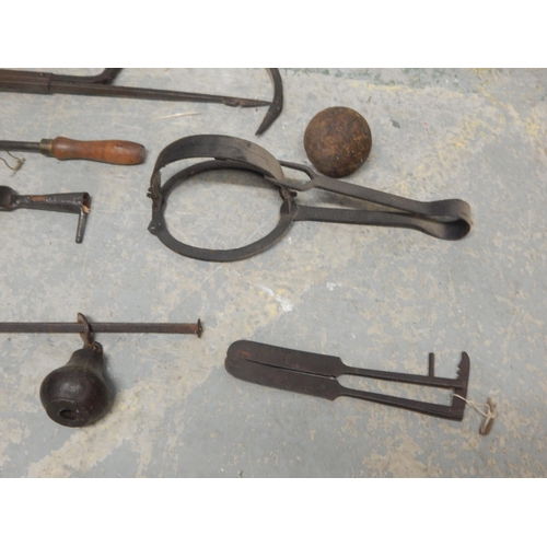 472 - 19th Century Shepherds Tail Docking Iron, Various Traps, Beam Scales, Cannon Ball etc