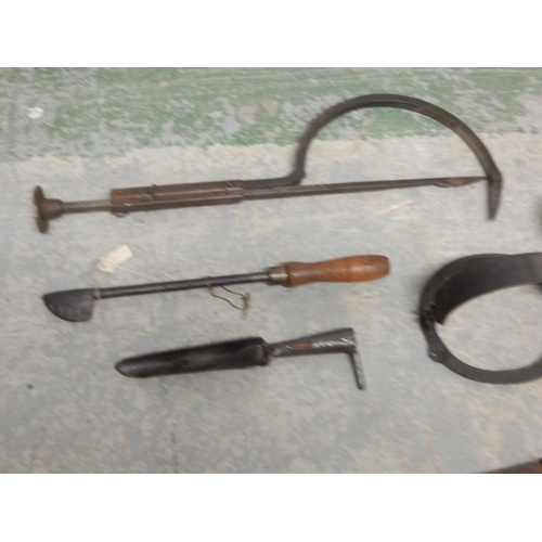 472 - 19th Century Shepherds Tail Docking Iron, Various Traps, Beam Scales, Cannon Ball etc