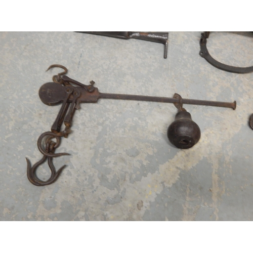 472 - 19th Century Shepherds Tail Docking Iron, Various Traps, Beam Scales, Cannon Ball etc