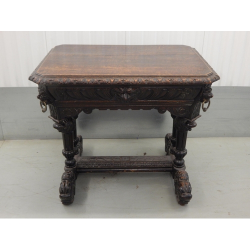 475 - 19th Century Carved Oak Table with Ringed Lion Mask Corners, Masked Drawer & Dolphin Supports: 85cm ... 