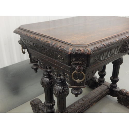 475 - 19th Century Carved Oak Table with Ringed Lion Mask Corners, Masked Drawer & Dolphin Supports: 85cm ... 