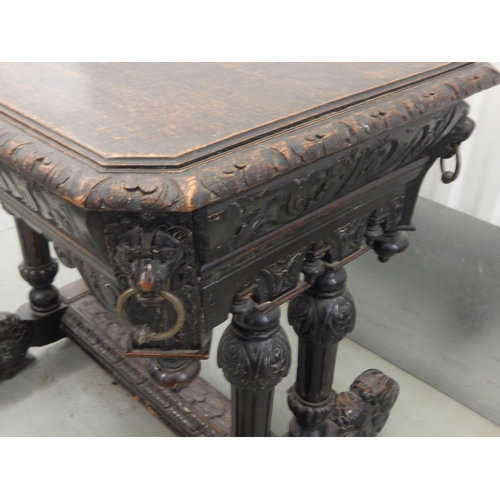 475 - 19th Century Carved Oak Table with Ringed Lion Mask Corners, Masked Drawer & Dolphin Supports: 85cm ... 