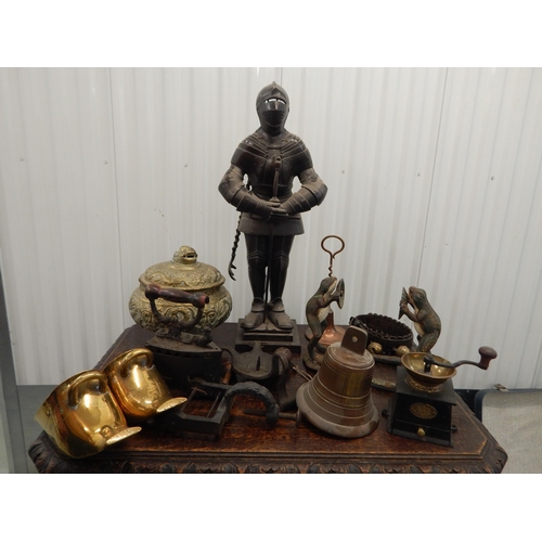 A Fireside Companion Set formed as a Knight together with various items including a large eastern brass lidded pot, bell etc (lot)