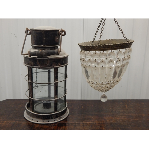 484 - A Bag Chandelier (complete) together with a large Hurricane Lamp