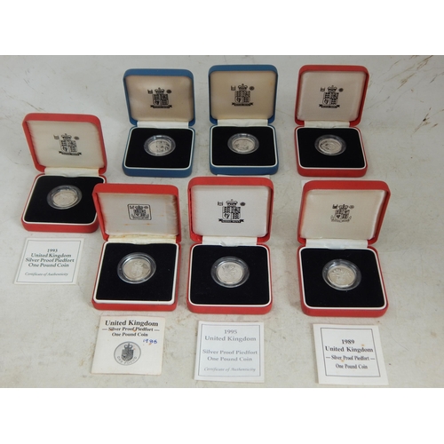 66 - Royal Mint Silver Proof Piedfort One Pound Coins 1988, 1989, 1993, 1995, 1996 in Cases of Issue with... 