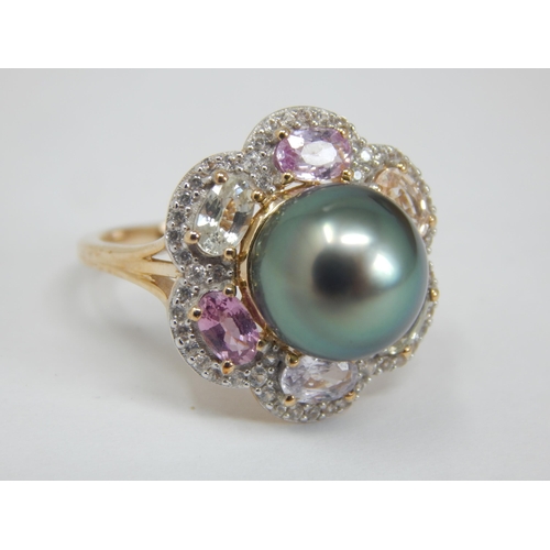 269 - Gold Ring Set with a 10mm Tahitian Pearl & Multi Colour Sapphires & White Zircons: Size N/O, gross w... 