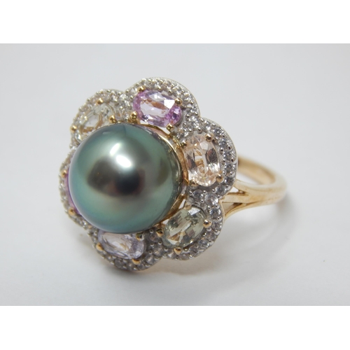 269 - Gold Ring Set with a 10mm Tahitian Pearl & Multi Colour Sapphires & White Zircons: Size N/O, gross w... 