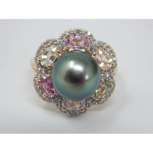 269 - Gold Ring Set with a 10mm Tahitian Pearl & Multi Colour Sapphires & White Zircons: Size N/O, gross w... 