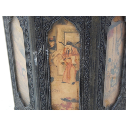 515 - Chinese Eight Sided Caddy with Figural Panels & Character marks to Underside: Height 18cm