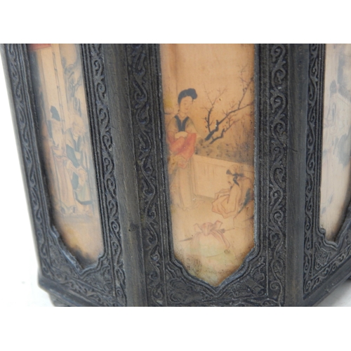 515 - Chinese Eight Sided Caddy with Figural Panels & Character marks to Underside: Height 18cm