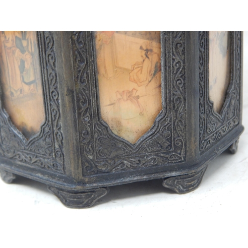 515 - Chinese Eight Sided Caddy with Figural Panels & Character marks to Underside: Height 18cm