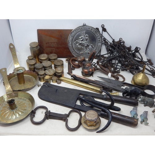 517 - A Quantity of Metalware Including Art Nouveau Chambersticks, Weights, Grappling Hooks, Radiator Caps... 