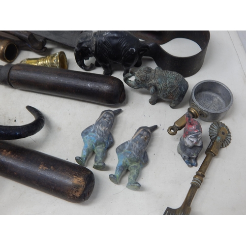 517 - A Quantity of Metalware Including Art Nouveau Chambersticks, Weights, Grappling Hooks, Radiator Caps... 