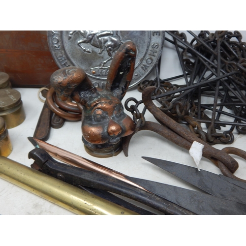 517 - A Quantity of Metalware Including Art Nouveau Chambersticks, Weights, Grappling Hooks, Radiator Caps... 