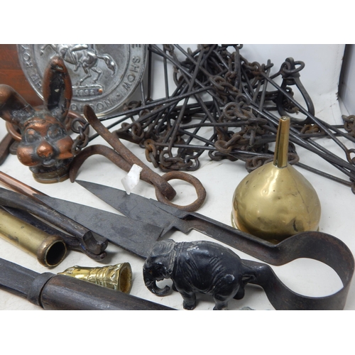 517 - A Quantity of Metalware Including Art Nouveau Chambersticks, Weights, Grappling Hooks, Radiator Caps... 