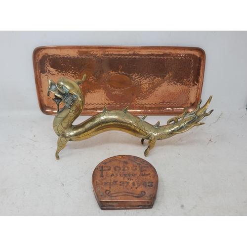 521 - Arts & Crafts Copper Tray 45cm wide together with a Chinese Brass Dragon 32cm wide & a Copper Box co... 