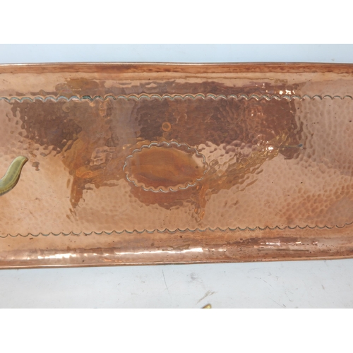 521 - Arts & Crafts Copper Tray 45cm wide together with a Chinese Brass Dragon 32cm wide & a Copper Box co... 