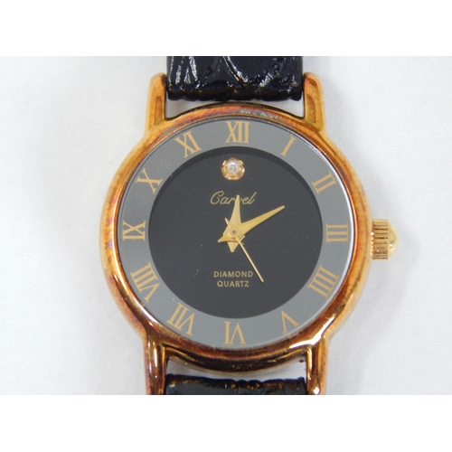 Ladies Diamond Set Carvel Wristwatch on Black Leather Strap