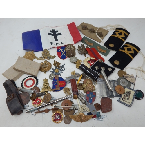 199 - A Box of Interesting Military Items Including Cloth Badges, Foreign Legion Armband, Cap & Pin Badges... 