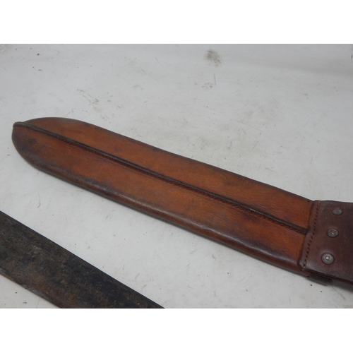 541 - WWI Machete with Marks for 1915 in Leather Scabbard. Length 48.5cm